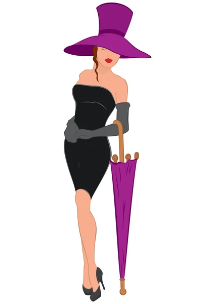 Mujer joven de dibujos animados en mini vestido negro con paraguas y sombrero — Vector de stock