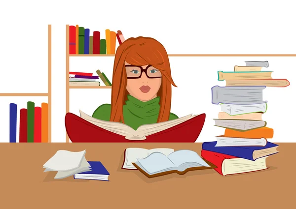 Cartoon young woman in glasses sitting and reading books — Stock Vector