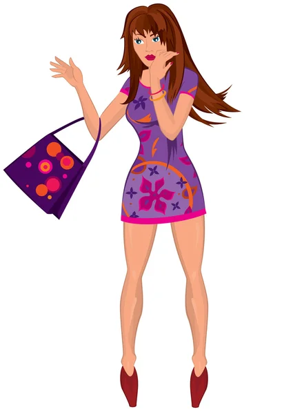 Cartoon young woman in mini purple dress with bag — Stock Vector