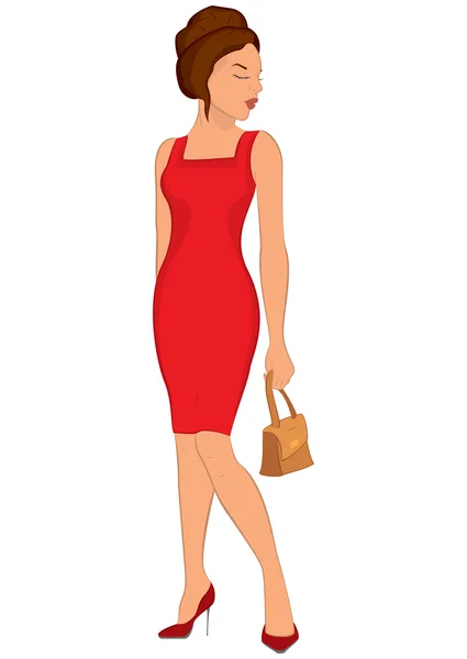 Cartoon young woman in red dress and closed eyes — Stock Vector