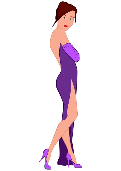 Cartoon young woman in purple evening dress with open back — Stock Vector