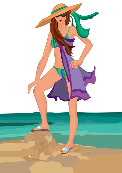 Cartoon jonge vrouw in zwembroek in zonnebril en hoed — Stockvector