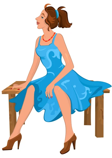 Cartoon young woman sitting on brown bench in blue dress — Stock Vector