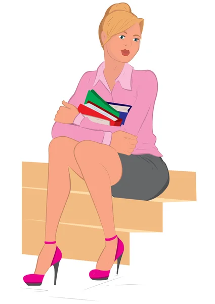 Dibujos animados mujer joven sentada en las escaleras sosteniendo libros — Vector de stock