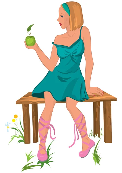 Мультяшна молода жінка сидить на лавці з яблуком в руці — стоковий вектор