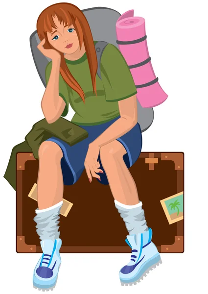 Kreslený mladá žena sedící na hnědý kufr s batohem — Stockový vektor