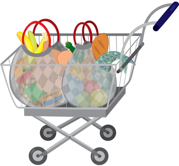 Carro de la tienda de comestibles con bolsas llenas — Vector de stock