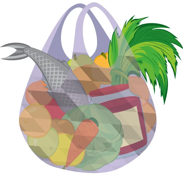 Plastik şeffaf alışveriş çantası dolu meyve sebze ve f — Stok Vektör