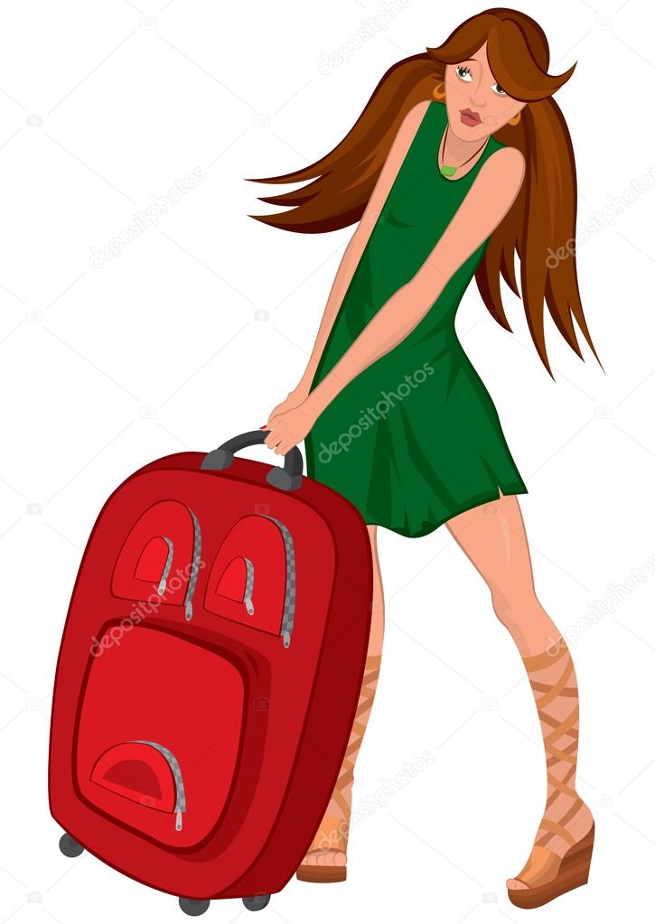 Cartoon young woman green dress and red suitcase