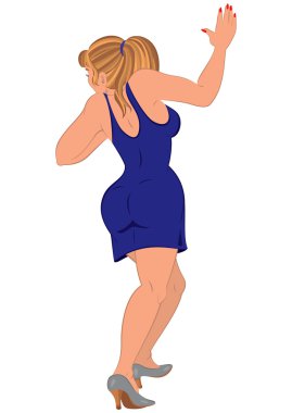 Arkadan Görünüm yürümeye mavi elbiseli kadın karikatür