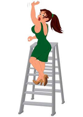 Merdivenden düşme yeşil elbiseli kadın karikatür