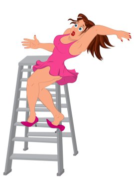 Merdivenden düşme pembe elbiseli kadın karikatür