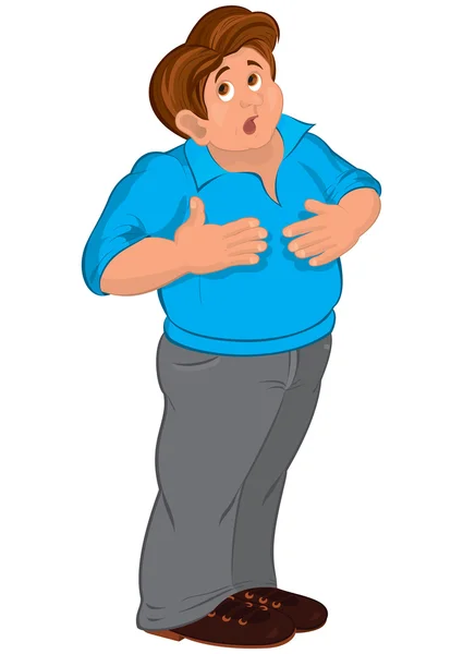 Karikatura člověka v modré polo tričko dotýká žaludku — Stockový vektor