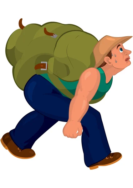 Cartoon man in blue pants with heavy backpack — Stock Vector