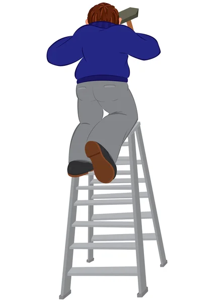 Hombre de dibujos animados en suéter azul con hummer en la escalera — Vector de stock