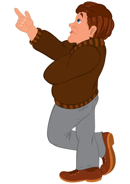 Hombre de dibujos animados en suéter marrón con el dedo hacia arriba — Archivo Imágenes Vectoriales