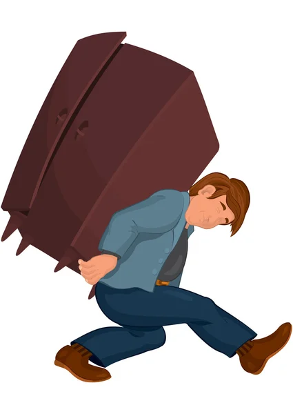 Cartoon man in gray jacket carries heavy furniture — Stock Vector