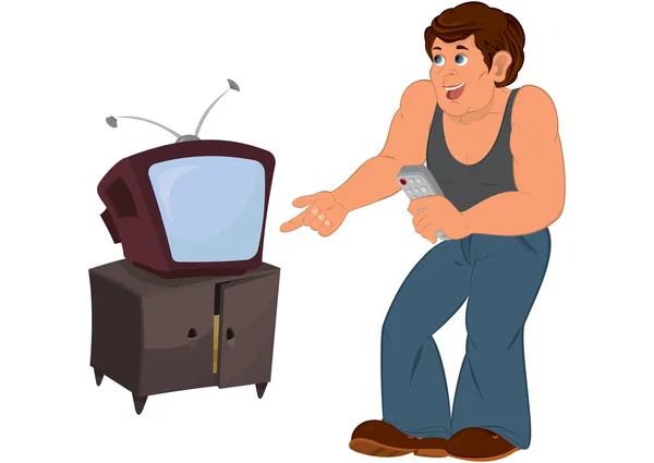 Cartoon man in gray sleeveless top standing near old TV — Stock Vector