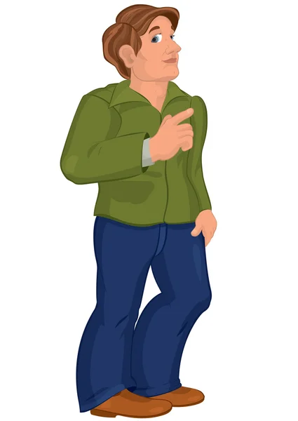 Omul de desene animate în jachetă verde puncte la ceva — Vector de stoc