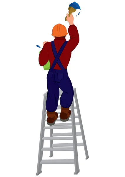 Cartoon man in hard hat on the ladder painting wall — Stock Vector
