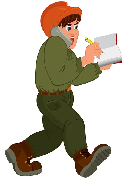 Homem dos desenhos animados em chapéu duro falando ao telefone — Vetor de Stock