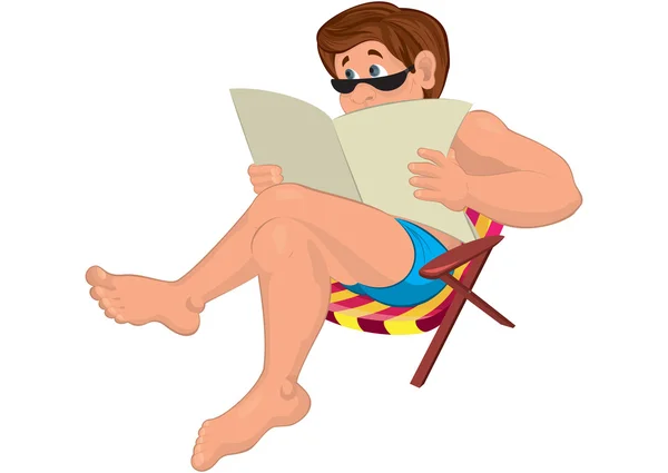Kreskówka mężczyzna w okulary, siedząc w fotelu plaży — Wektor stockowy