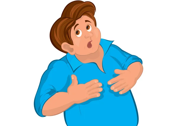 Cartoon man torso in blue touching stomach — Stock Vector