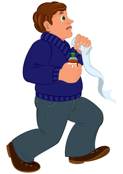 Cartoon man met bruin haar in blauwe trui met eerste hulp — Stockvector