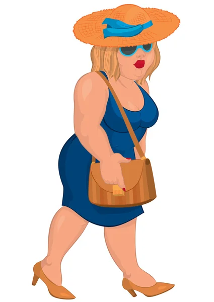 Γελοιογραφία υπέρβαροι νεαρή γυναίκα σε μπλε φόρεμα και ψάθινο καπέλο — Διανυσματικό Αρχείο