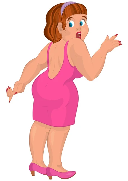 Dibujos animados mujer joven con sobrepeso en vestido rosa vista posterior — Vector de stock