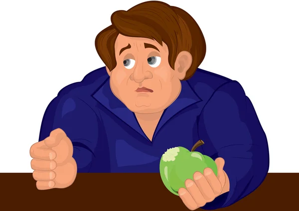Cartoon sad man torso in blue top with apple — Stock Vector