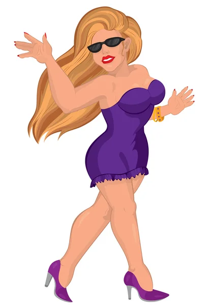 Cartoon sexy young woman in purple mini dress walking — Stock Vector