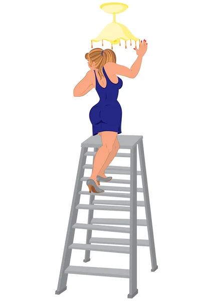 Cartoon woman in blue dress on the ladder fixing light — Stock Vector