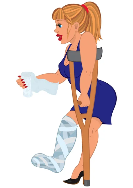 Cartoon woman in blue dress with injured leg holding first aid — Stock Vector