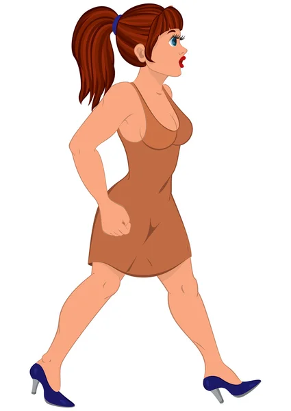 Γυναίκα κινουμένων σχεδίων στο περπάτημα καφέ φόρεμα — Διανυσματικό Αρχείο
