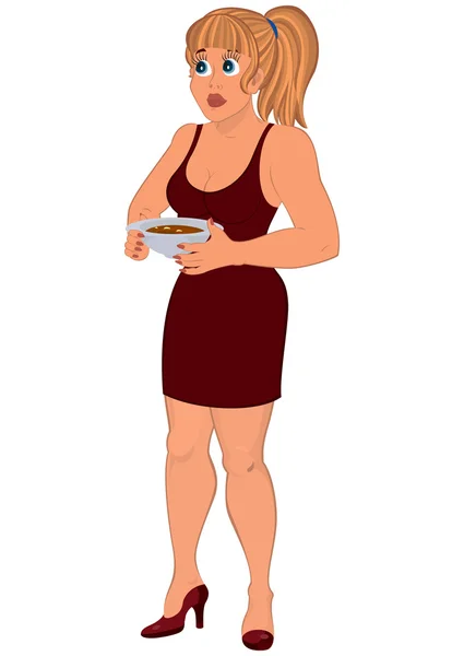Mulher dos desenhos animados em vestido marrom com placa de sopa —  Vetores de Stock