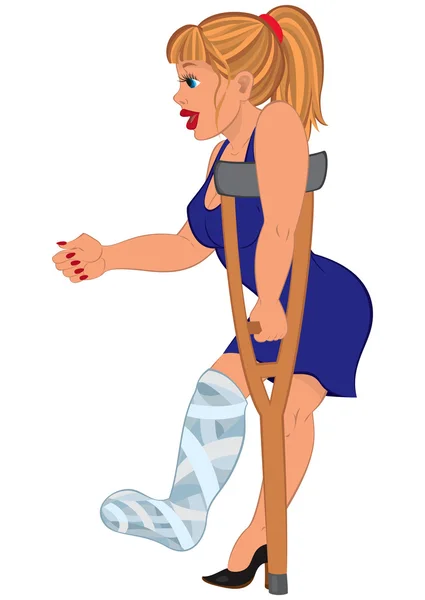 Cartoon woman in blue dress with injured leg — Stock Vector