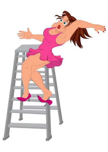 Cartoon kvinna i rosa klänning faller ner från stegen — Stock vektor