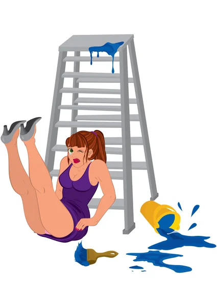 Cartoon vrouw in paarse jurk benen omhoog in de buurt van de ladder — Stockvector