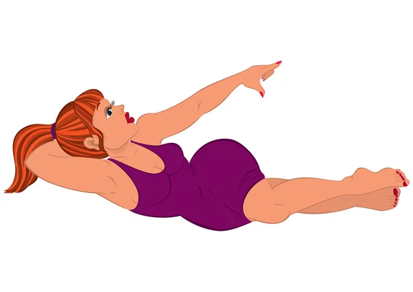 卡通女人紫色的裙子躺在床 — 图库矢量图片