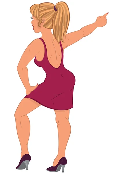 Cartoon kvinna i röd klänning pekar bakifrån — Stock vektor