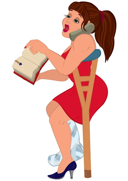 Cartoon woman in red dress injured talking on the phone and hold — Stock Vector