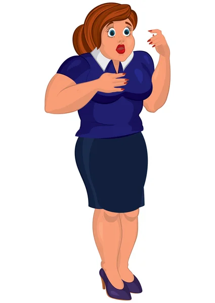 Cartoon young fat woman in blue top and skirt surprised — Stock Vector