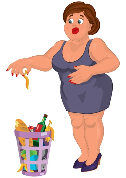 Desenhos animados jovem mulher gorda em vestido cinza enojado perto de lata de lixo — Vetor de Stock