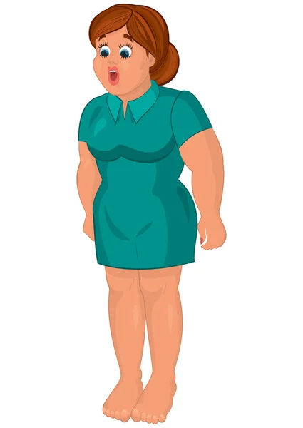 Cartone animato giovane donna grassa in abito verde a piedi nudi — Vettoriale Stock