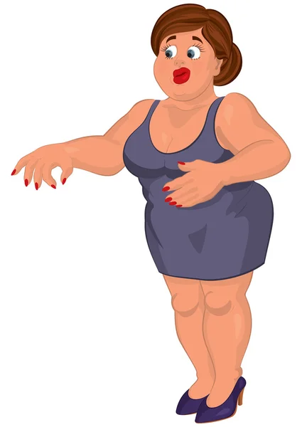 Dessin animé jeune femme grasse en robe grise dégoûtée — Image vectorielle