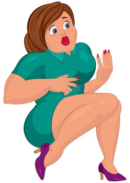 Dibujos animados mujer gorda joven en vestido verde sentado — Vector de stock