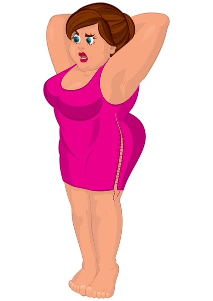 Kreskówka młody gruba kobieta w różowej sukience boso — Wektor stockowy