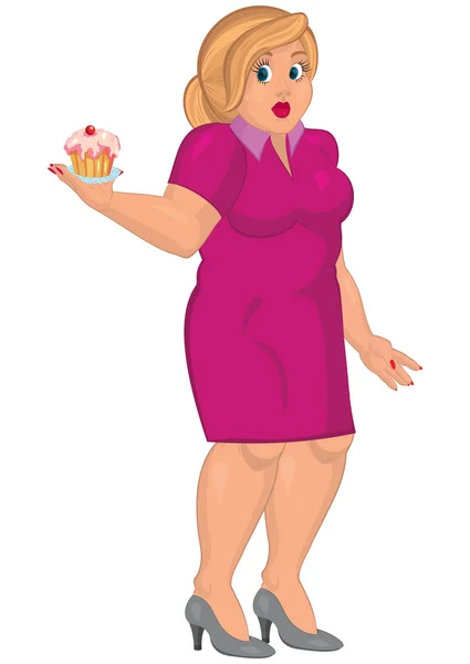 Desenhos animados jovem mulher gorda em vestido rosa segurando capcake —  Vetores de Stock