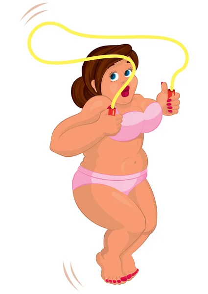 Desenhos animados jovem mulher gorda em cueca rosa saltando com salto r — Vetor de Stock